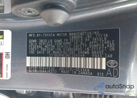 2019 Toyota Corolla Se из США, поврежденный, VIN 2T1BURHE0KC204548